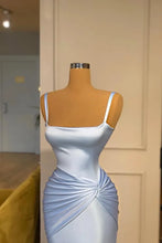 Load image into Gallery viewer, Modest Sky Blue Long Mermaid Spaghetti Straps Satin Formal Prom Dresses
