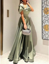 Load image into Gallery viewer, Formal Floor Length Christmas Short Sleeve Off Shoulder Satin With Pleats Ruched A-Line Prom dresses2026
