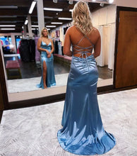 Load image into Gallery viewer, Mermaid V Neck Spaghetti Straps Backless Satin Prom Dress with Slit

