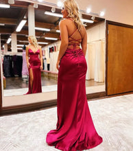 Load image into Gallery viewer, Mermaid V Neck Spaghetti Straps Backless Satin Prom Dress with Slit
