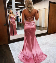 Load image into Gallery viewer, Mermaid V Neck Spaghetti Straps Backless Satin Prom Dress with Slit
