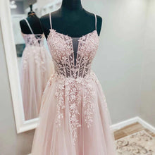 Load image into Gallery viewer, Light pink spaghetti straps tulle prom dress applique long evening formal dress event gown
