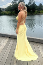 Load image into Gallery viewer, Yellow Spaghetti Straps pleated Satin Beaded Mermaid Long Prom Dress with Slit
