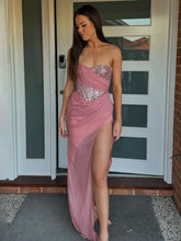 Load image into Gallery viewer, Strapless Sweetheart Chiffon Sequin Mermaid Prom Dress With Split

