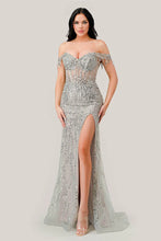Load image into Gallery viewer, Ornate Off Shoulder Beaded Mermaid Prom Dress With Slit
