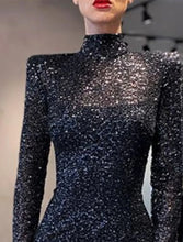 Load image into Gallery viewer, Black Dress Evening Gown Floor Length Long Sleeve High Neck Sequined Sparkle Mermaid Prom Dress
