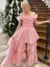 Load image into Gallery viewer, Pink Off The Shoulder Tulle A Line Prom Dress With Split
