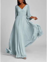 Load image into Gallery viewer, Formal Floor Length Half Sleeve V-Neck Chiffon A-Line Prom Dresses With Pleats Ruched
