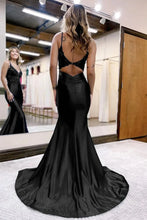 Load image into Gallery viewer, Mermaid Deep V Neck Spaghetti Straps Satin Long Prom Dress with Appliques Beaded
