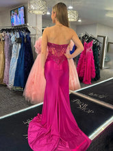 Load image into Gallery viewer, Fuchsia Lace Applique Strapless Satin Mermaid Long Prom Dresses with Slit
