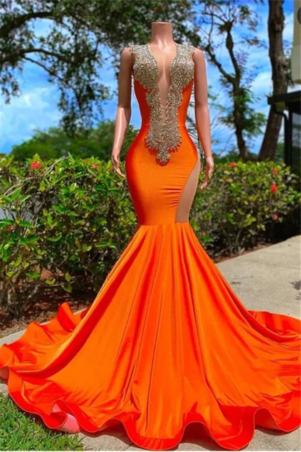 Orange Black Girl Prom Dress 2024 Plunging Neck Sleeveless Satin