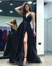 Load image into Gallery viewer, Black Satin Spaghetti Straps Long A Line Prom Dresses Split Evening Gown With Slit
