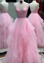Load image into Gallery viewer, Pink spaghetti straps tulle long prom dress evening formal gown

