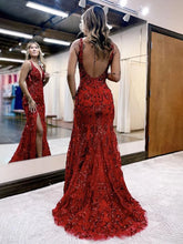 Load image into Gallery viewer, Mermaid V Neck Sequined Lace Prom Dress with Slit
