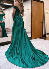 Load image into Gallery viewer, Mermaid Off the Shoulder Lace Satin Prom Dress with Slit

