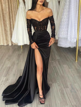 Load image into Gallery viewer, Floor Length Long Sleeve Off The Shoulder Satin Mermaid Evening Gown See Through Prom Dress With Appliques 2026

