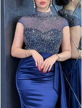 Load image into Gallery viewer, Formal Floor Length Short Sleeve High Neck Satin Mermaid Evening Gown Prom Dress With Ruched Sequin Slit 2026
