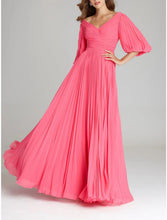 Load image into Gallery viewer, Formal Floor Length Half Sleeve V-Neck Chiffon A-Line Prom Dresses With Pleats Ruched
