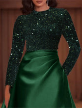 Load image into Gallery viewer, Wedding Guest Floor Length Long Sleeve Jewel Neck Pocket Satin A-Line Prom Dresses With Sequin 2026
