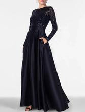 Load image into Gallery viewer, Black Tie Floor Length Long Sleeve A-Line Evening Gown Elegant Sequin Satin Prom Dress 2026

