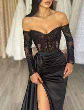 Load image into Gallery viewer, Floor Length Long Sleeve Off The Shoulder Satin Mermaid Evening Gown See Through Prom Dress With Appliques 2026

