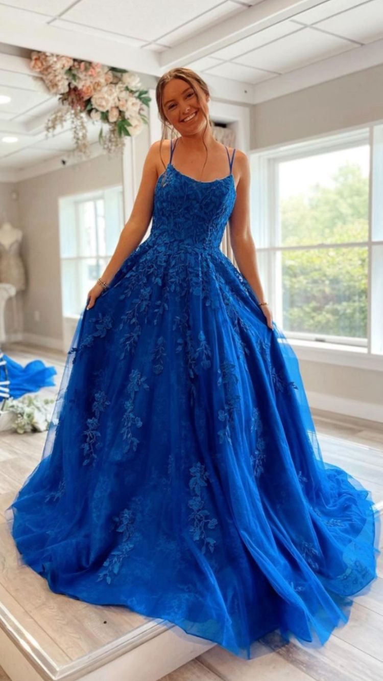 Royal Blue Prom Dress 2023 Spaghetti Straps Corset Back Appliques