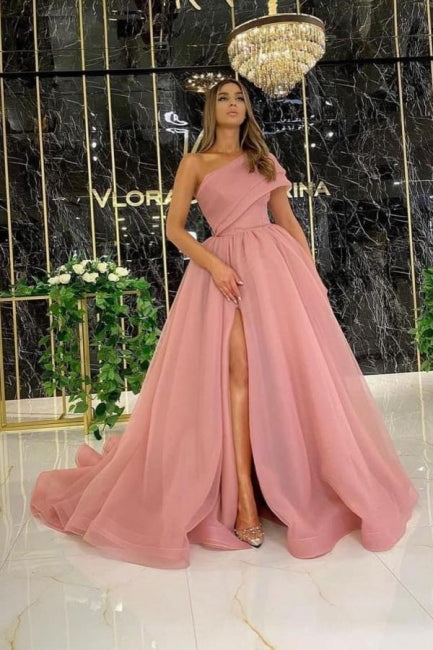 Pink Elegant Prom Dress 2023 One-shoulder with Slit – DCdress