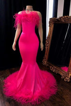 Load image into Gallery viewer, Hot Pink Prom Dress 2023 Strapless with Feathers

