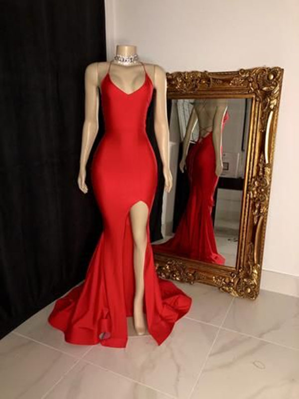 Red Prom Dress 2023 Spaghetti Straps Crisscross Back Slit