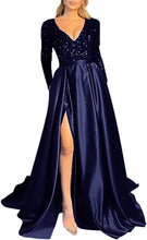 Load image into Gallery viewer, Prom Dress 2023 with Slit  Long Sleeves Sequin V Neck Sparkly Satin Corset Back
