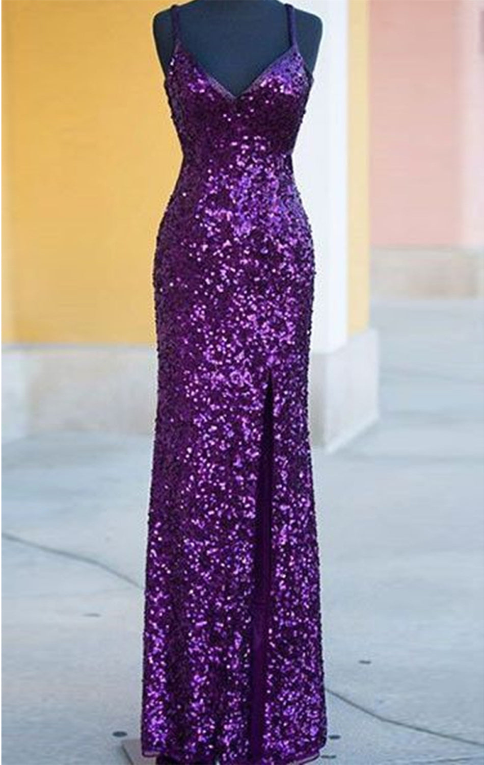 Purple Prom Dress 2023 Spaghetti Straps Sequin Slit