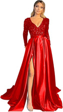 Load image into Gallery viewer, Prom Dress 2023 with Slit  Long Sleeves Sequin V Neck Sparkly Satin Corset Back
