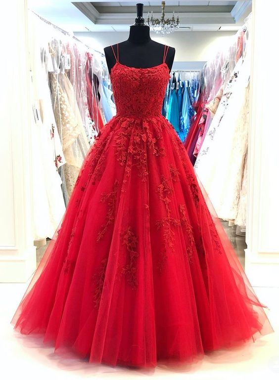 Red Prom Dress 2023 Spaghetti Straps Corset Back Appliques – DCdress