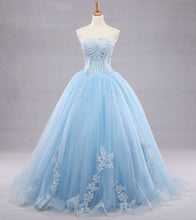 Load image into Gallery viewer, Sky Blue Prom Dress 2023 Strapless Tulle with Appliques
