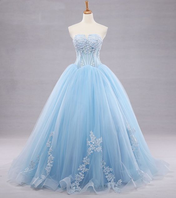 Sky Blue Prom Dress 2023 Strapless Tulle with Appliques