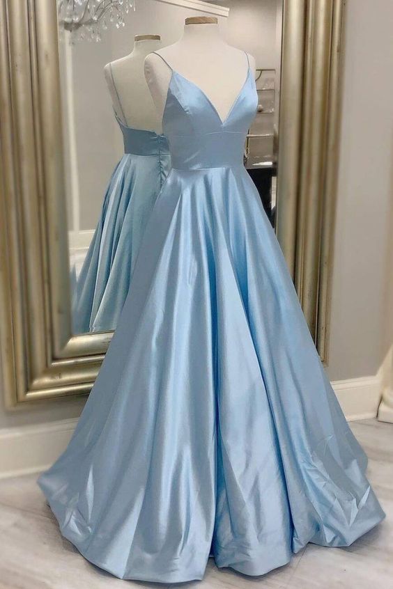 Sky Blue Prom Dress 2023 Spaghetti Straps Satin with Pleats