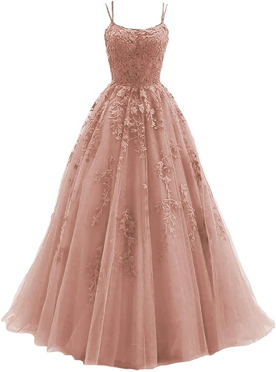 Dusty Pink Prom Dress 2023 Spaghetti Straps Tulle Lace Appliques