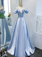 Load image into Gallery viewer, Light Blue Prom Dress 2023 Off the Shoulder with Pleats
