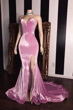 Load image into Gallery viewer, Pink Prom Dress 2023 Velvet Strapless with Slit
