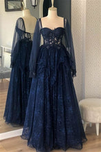 Load image into Gallery viewer, Navy Blue Prom Dress 2023 with Long Sleeves Corset Back
