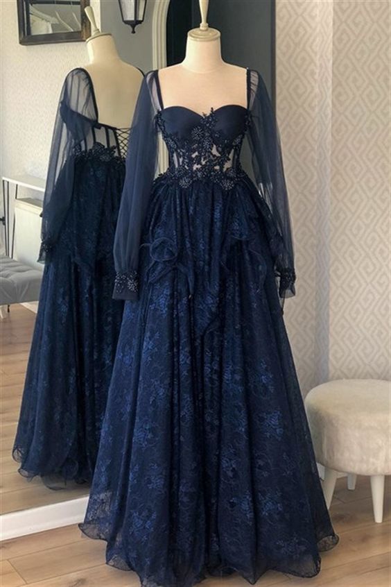 Navy Blue Prom Dress 2023 with Long Sleeves Corset Back