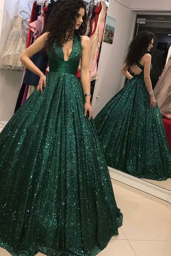 Green Prom Dress 2023 Plunging Neck Sequin with Pleats