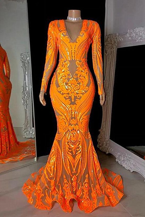 Orange Prom Dress 2023 Black Girls Slay V Neck Long Sleeves Sequin