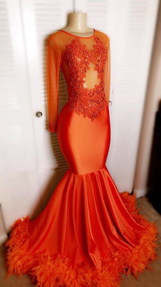 Orange Prom Dress 2023 Black Girls Slay Illusion Neck Long Sleeves with Feathers