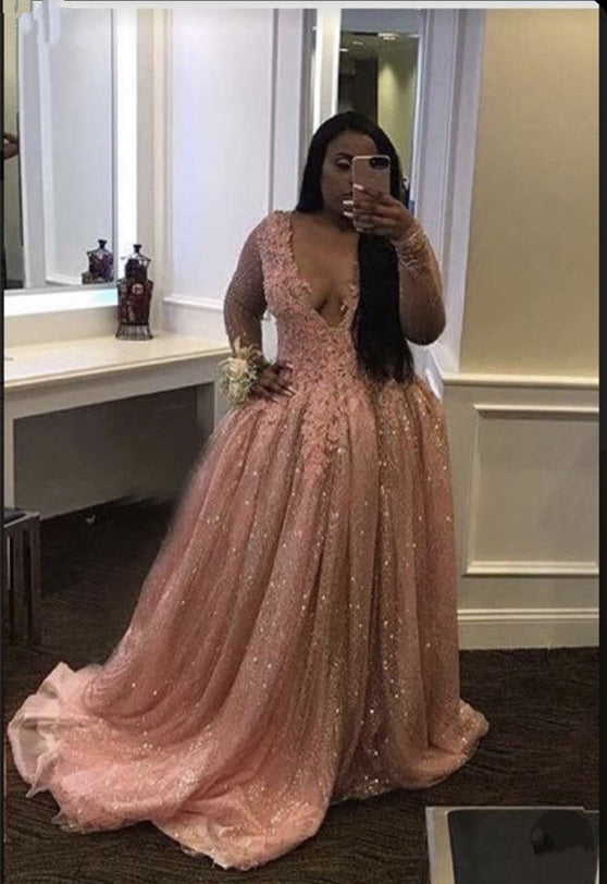 Plus Size Prom Dress 2023 Black Girls Slay Plunging Neck Sequined Tulle with Pleats