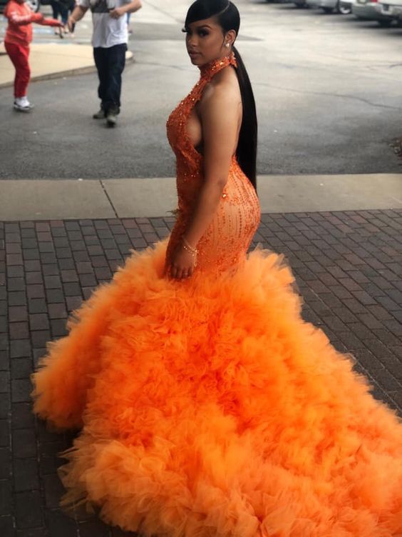 Orange Prom Dress 2023 Black Girls Slay Halter Neck Backless Tulle Ruffles