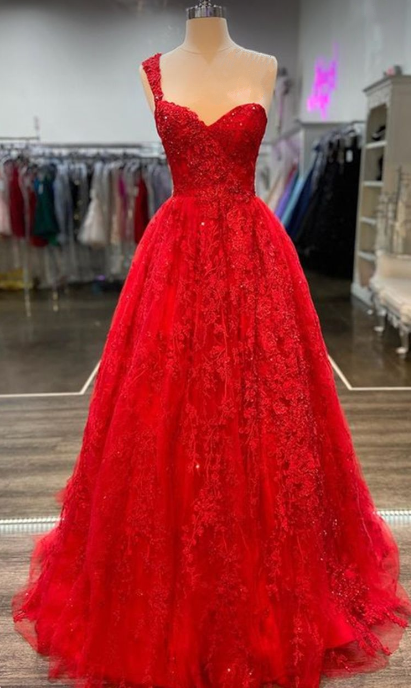 Red Prom Dress 2023 One-shoulder with Appliques Tulle