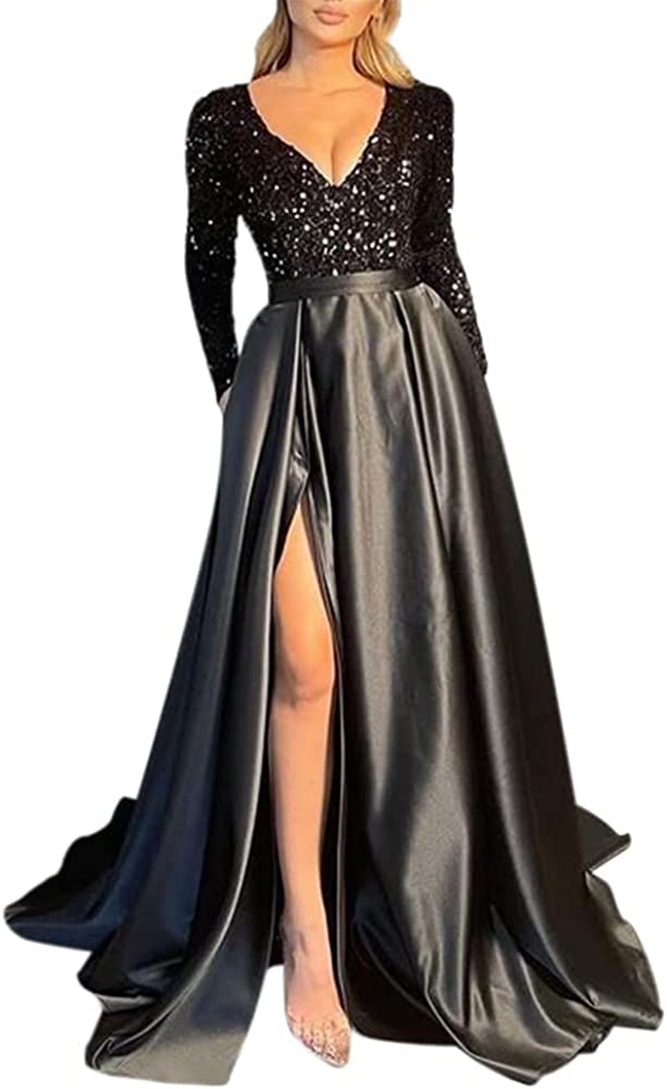 Prom Dress 2023 with Slit  Long Sleeves Sequin V Neck Sparkly Satin Corset Back