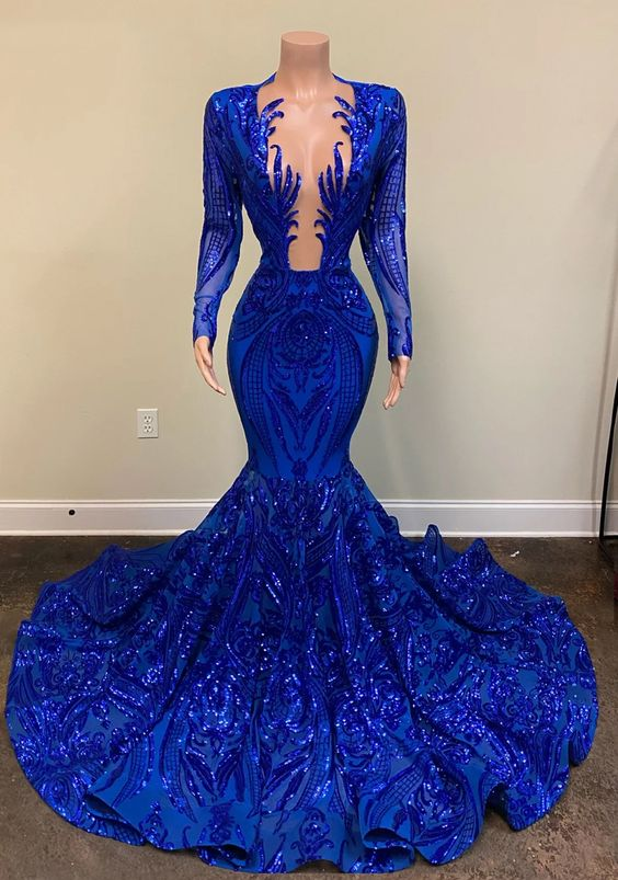 Royal Blue Sequin Black Girl Prom Dress 2023 Mermaid with Long Sleeves