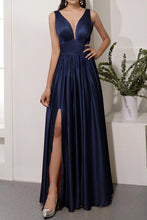 Load image into Gallery viewer, Long Satin Prom Dress 2023 Plunging Neck A-Line Zipper Up Pleats with Slit
